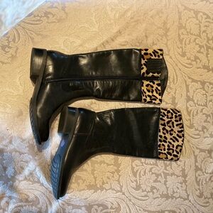 Black Leather Boots with Leopard Print Cuff